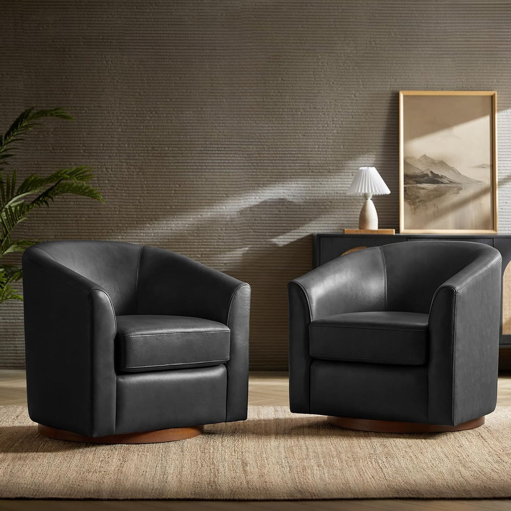 HULALA HOME Genuine Leather Swivel Barrel Accent Chairs Set of 2, Black | Tra...