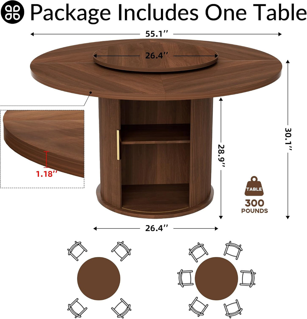 55.1 Inch Round Dining Table for 4-6, Modern Kitchen Table with Storage, Circ...