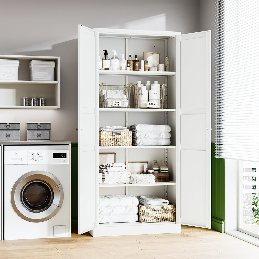 Letaya White Storage Cabinet with Adjustable Shelves-Metal Home Kitchen Pantr...