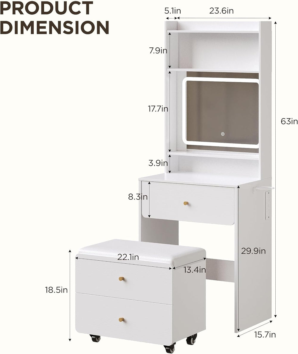 Fameill Women White Vanity Desk,23.6” Small Vanity Desk with Mirror and Light...