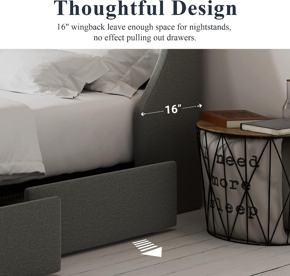Allewie Queen Bed Frame with 4 Storage Drawers and Wingback Headboard, Button...