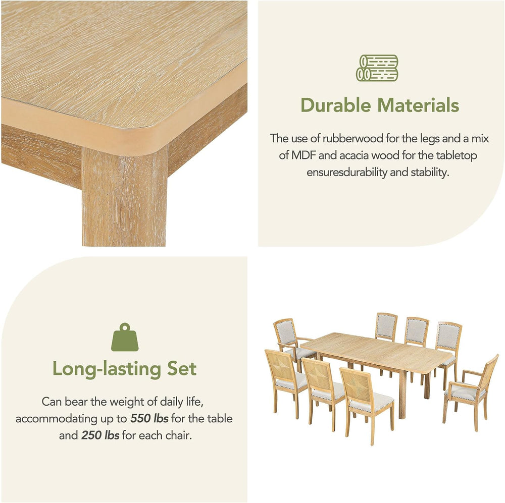9-Piece Dining Table Set, Extendable 84", 6 Chairs + 2 Armchairs