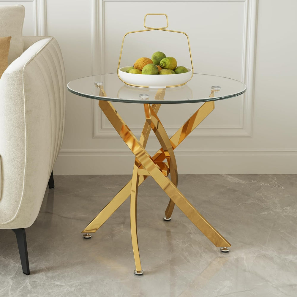 Round Glass End Table with Clear Tempered Glass Top & Cross Stainless Ste...