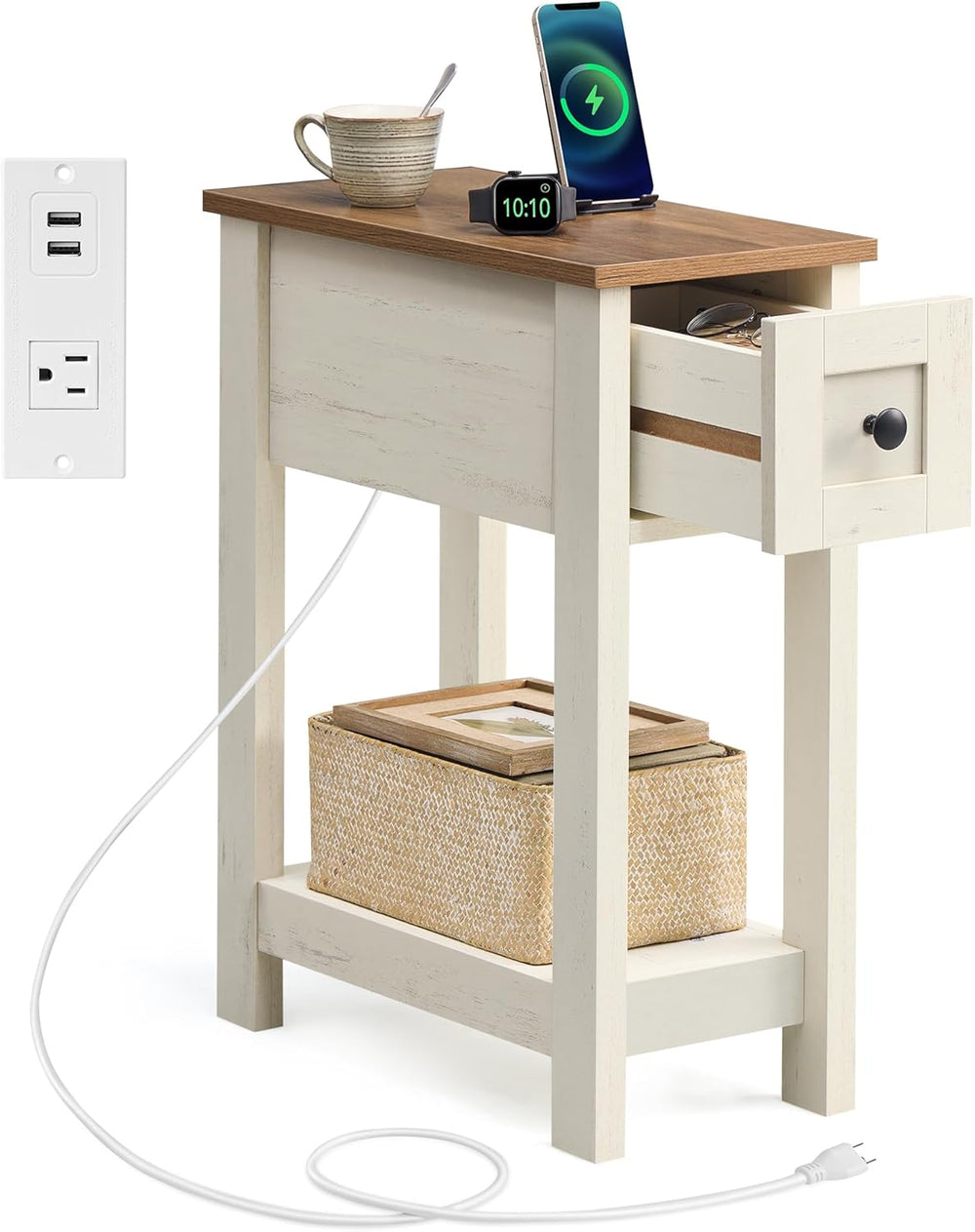 VASAGLE Farmhouse End Table with Storage Drawer, Narrow Side Table with Charg...