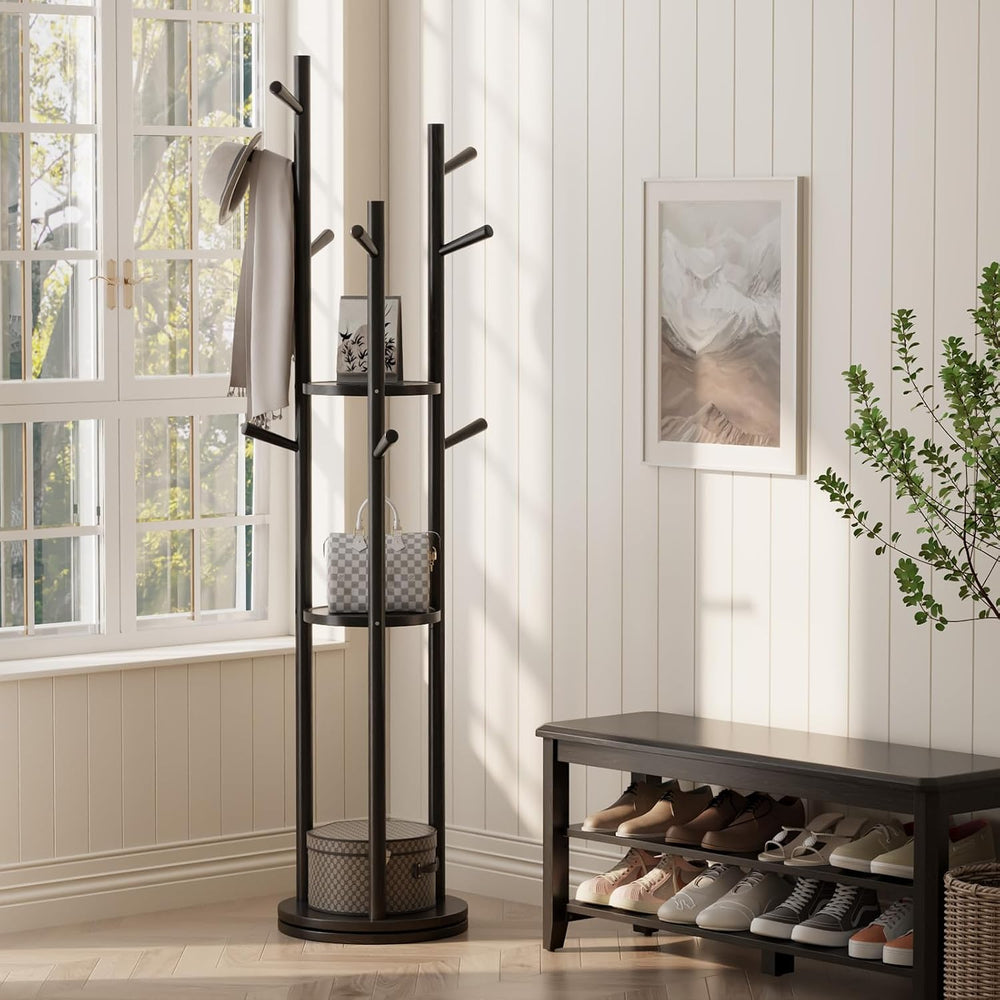 Muwuele Solid Wood Rotary Coat Rack, Freestanding Coat Rack with 3 Shelves an...