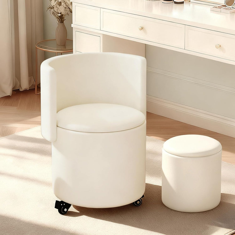 JPBSTO Rolling Round Vanity Chair with Storage, Swivel Makeup Chair with Fold...