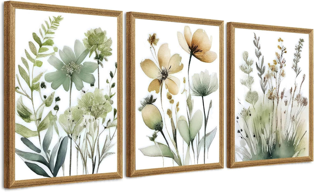 SYWENNOI Triptych, Watercolor Plant Framed Cnavas Wall Art, 12x16 in each
