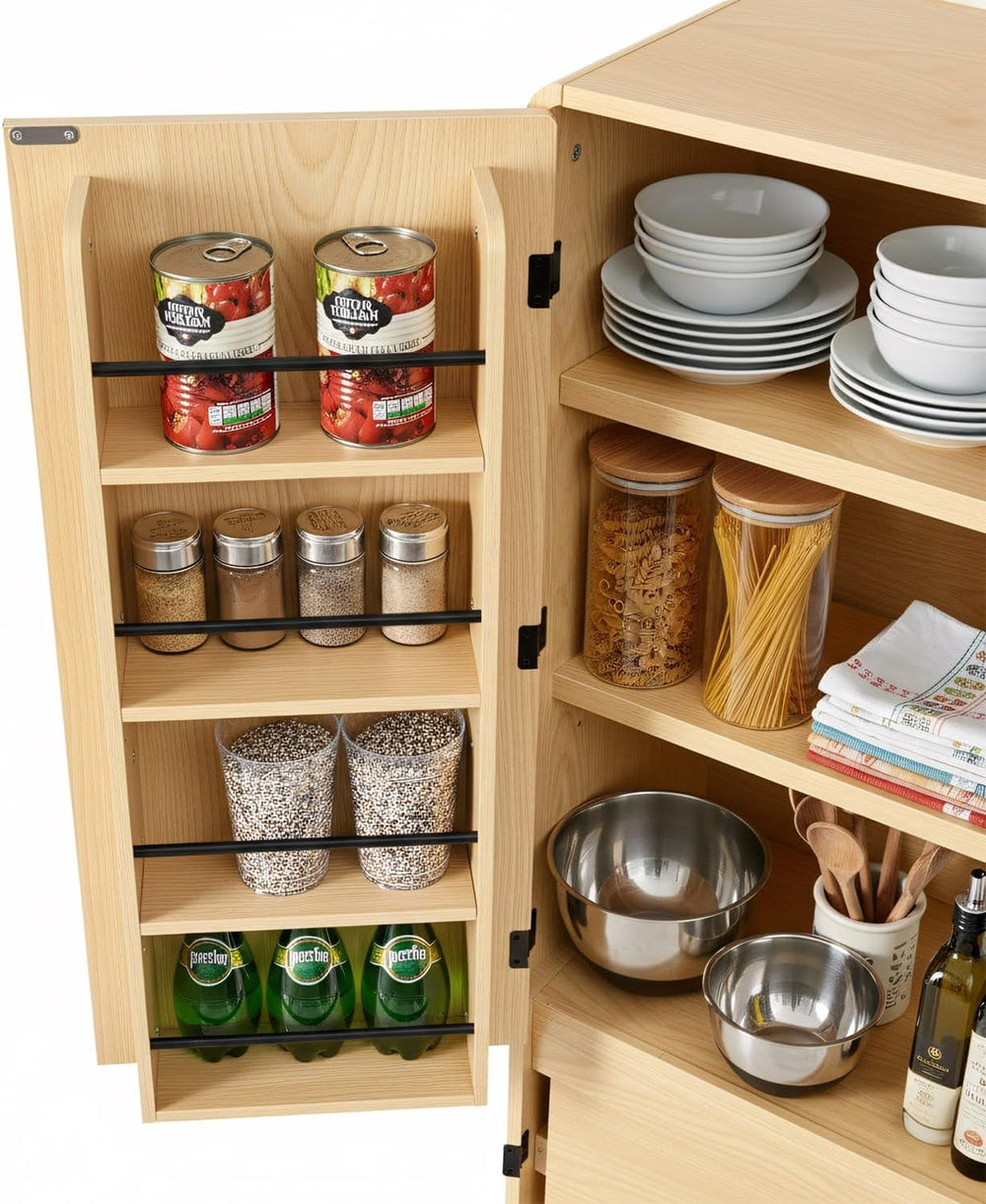 72" Tall Farmhouse Kitchen Pantry Cabinet with 8 Door Shelves,Curved Des...