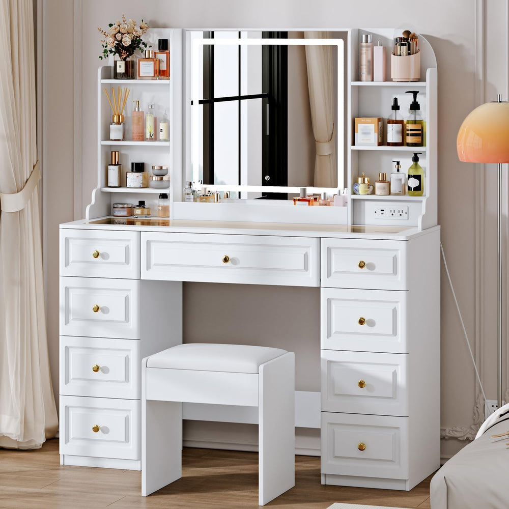 Arulvmrn 43" Makeup Vanity Desk with Mirror and Lights, & Power Outl...