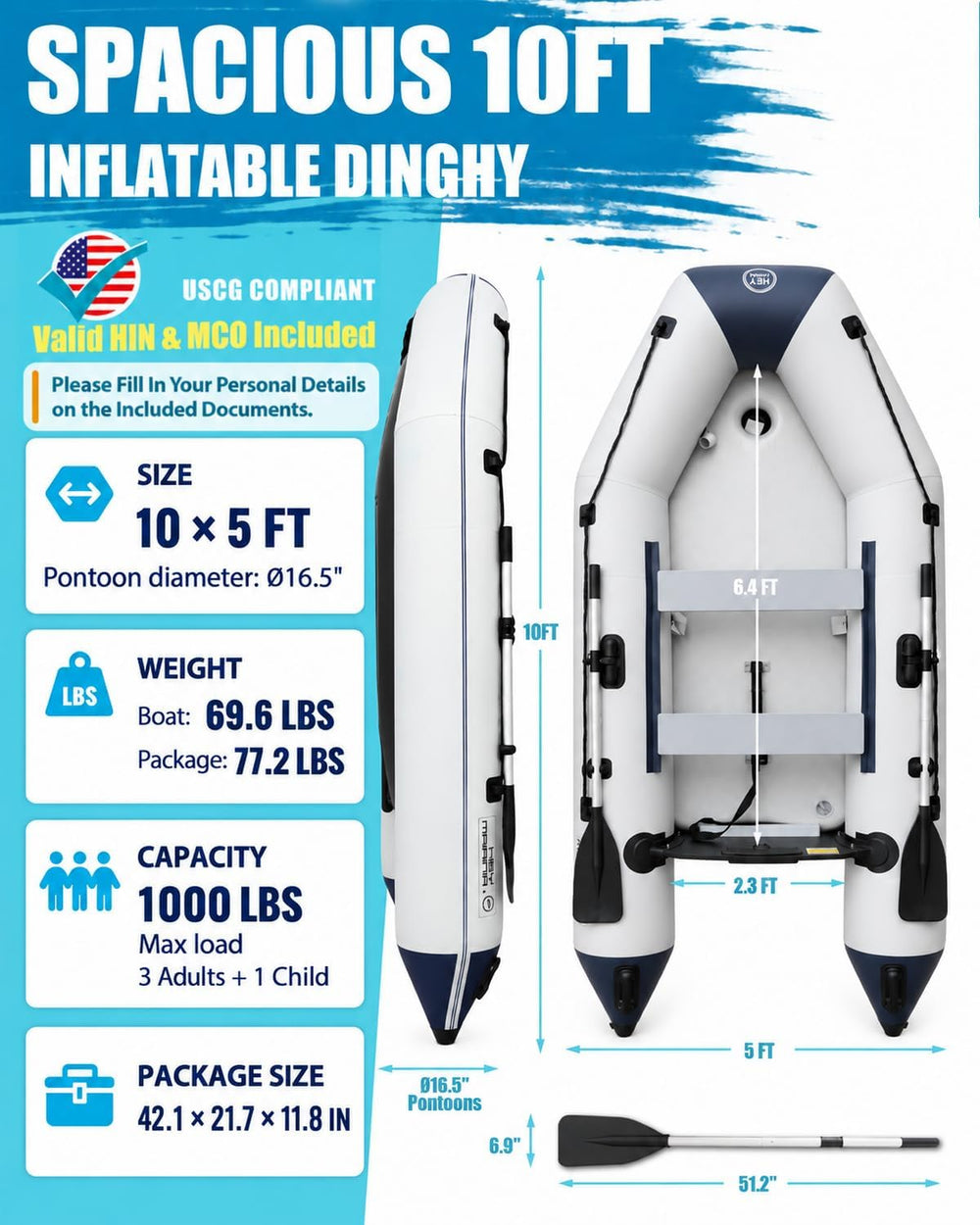 10ft Inflatable Dinghy Boat for Adult with Drop-Stitch Floor 3-4 Person Infla...