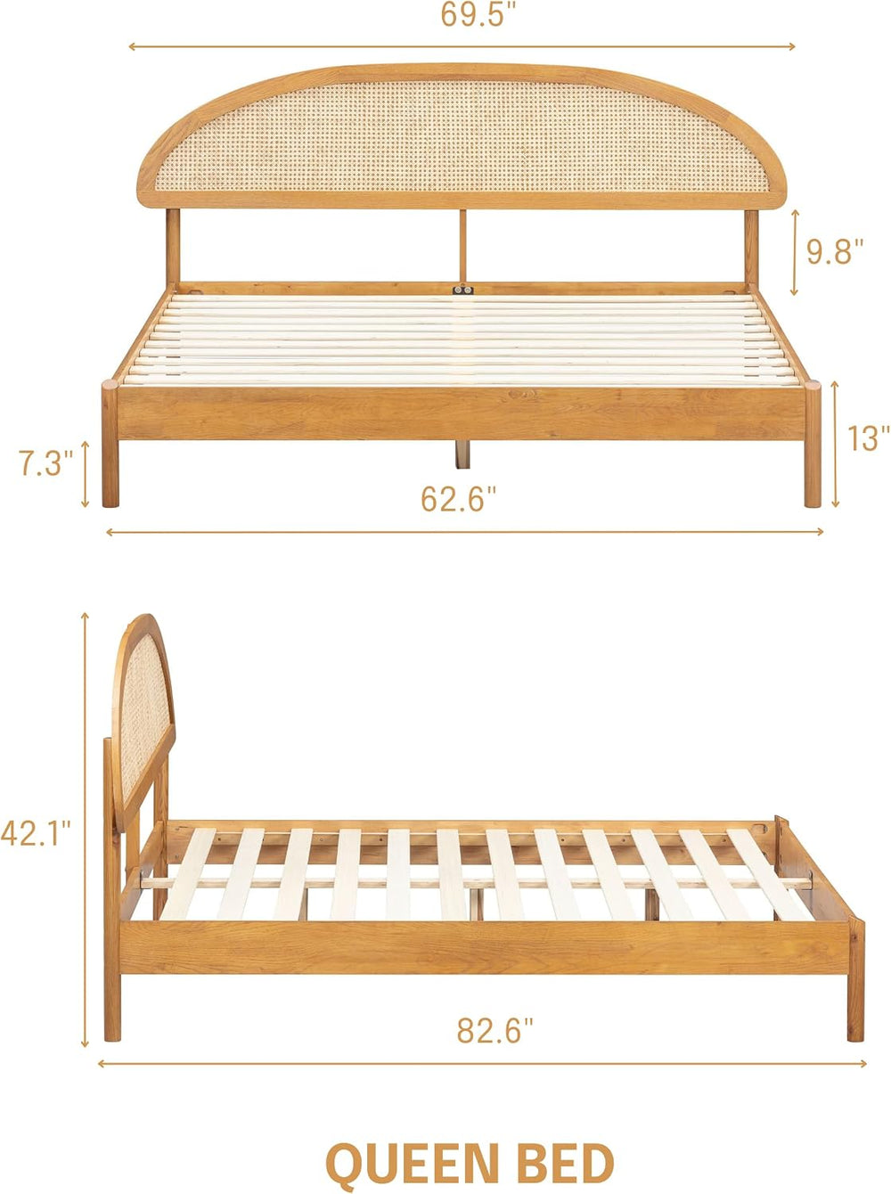 NTC Gem Wooden Bed Frame with Headboard and Natural Rattan, Solid Oak/Rubber ...