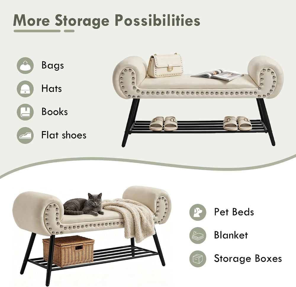 45" Entryway Bench with Shoe Storage,Modern Bedroom Velvet Fabric Uphols...