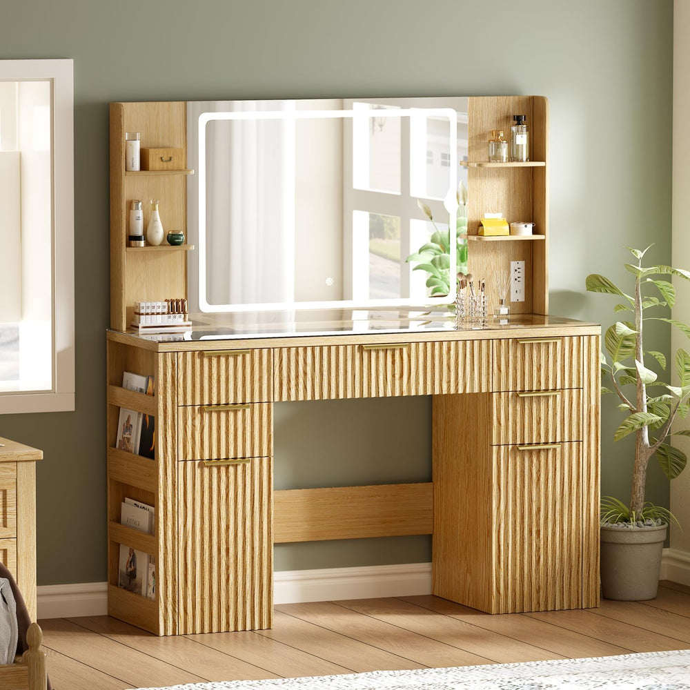 47.2" Fluted Makeup Vanity Desk with Large, 28.7" Mirror and Lights...