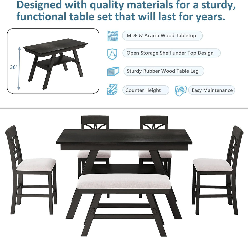 Merax 6-Piece Wood Counter Height Dining Table Set with Storage Shelf, Rustic...