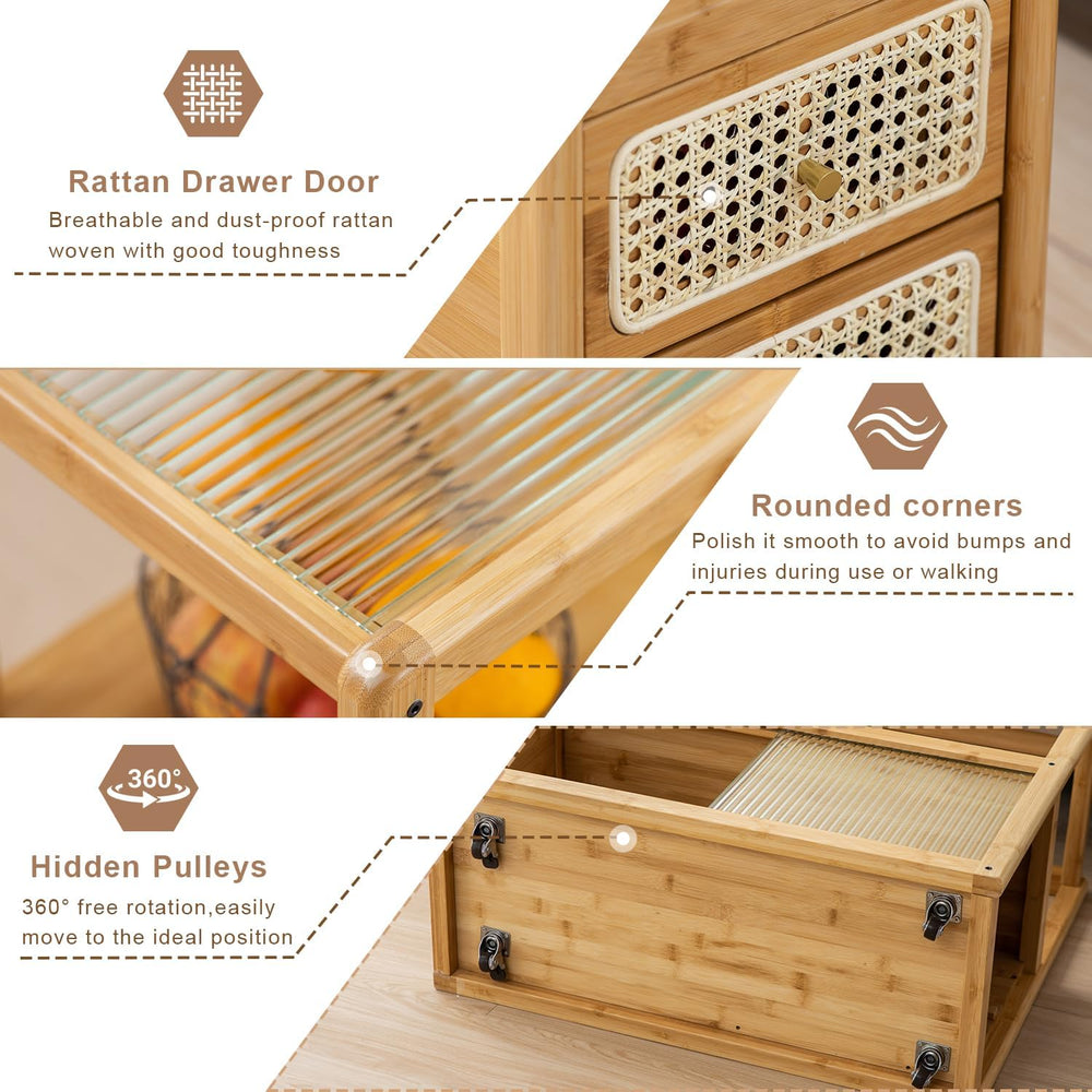 Bamboo & Rattan Side Table with Glass Top – 2-in-1 End Table and Bedside ...