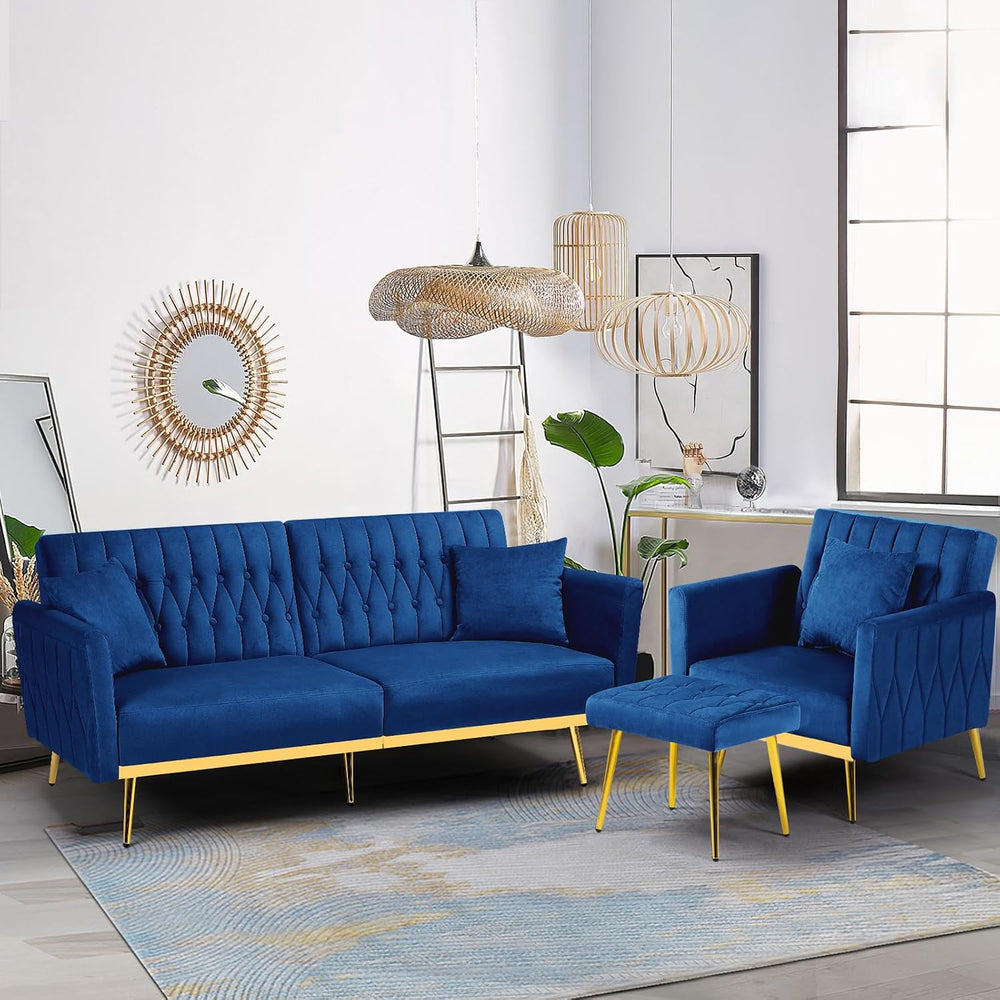 2 Pieces Velvet Sofa Set with Adjustable Armrest and Backrests, Blue | 70” Co...