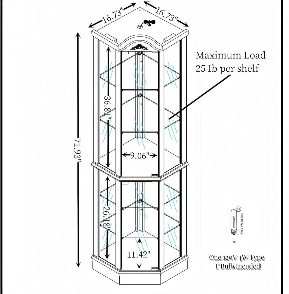 Classical Glass Cabinet Lighted, Wine Cabinet with Adjustable Glass Shelves, ...