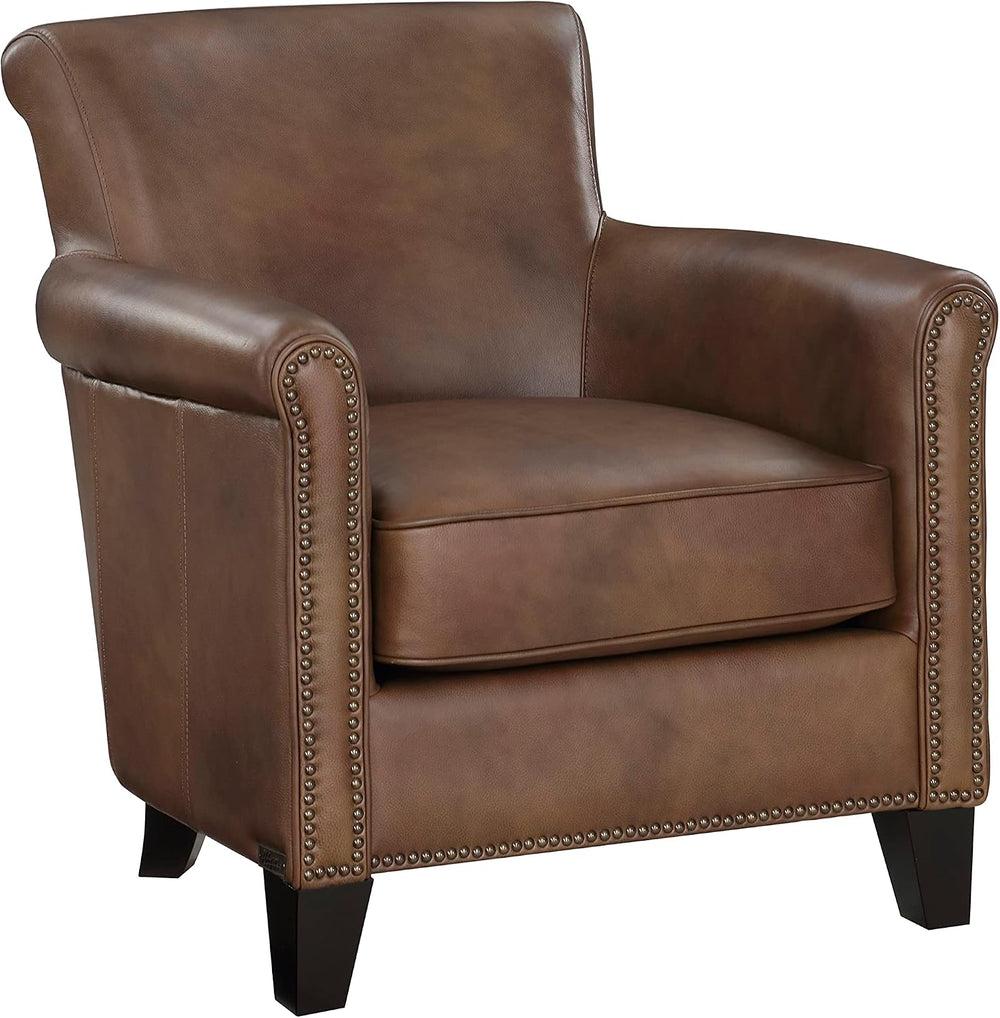 Lexicon Top Grain Genuine Leather Chair, Rolled Armrest, Classic Brown | Livi...