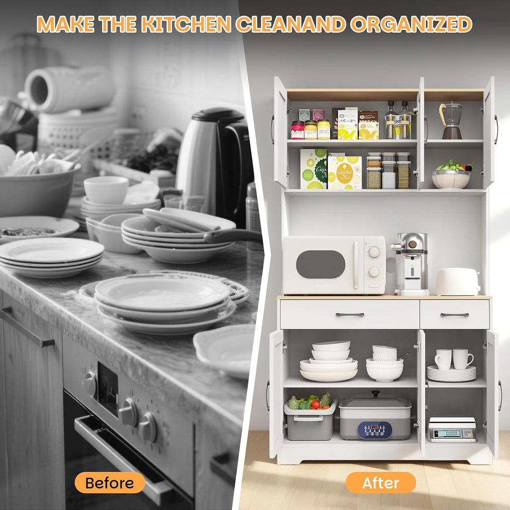 42" Tall Kitchen Pantry Storage Cabinet with Microwave Stand, with Charg...