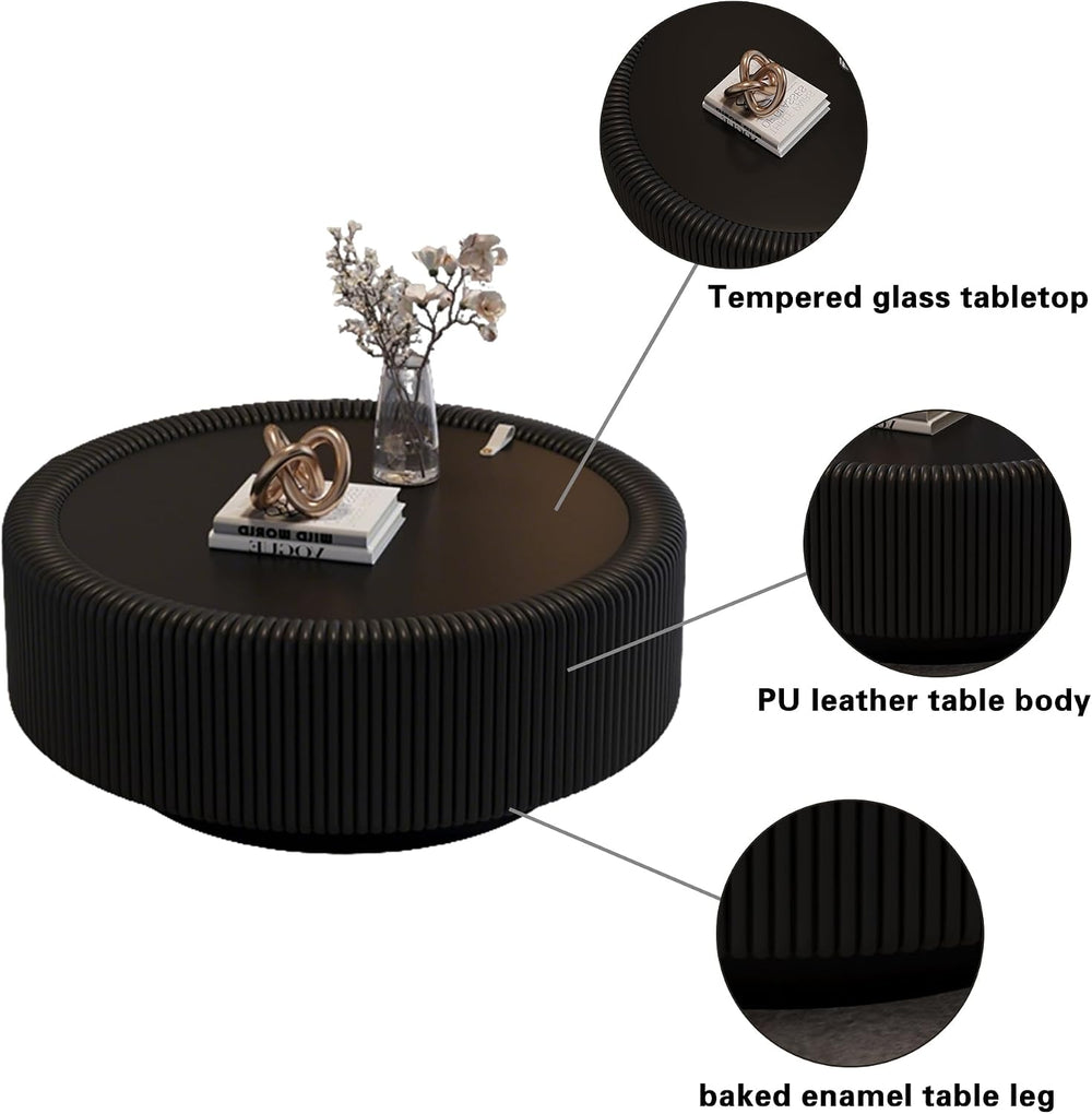 Round Coffee Table, Modern Black Coffee Table with Hidden Storage,Tempered Gl...