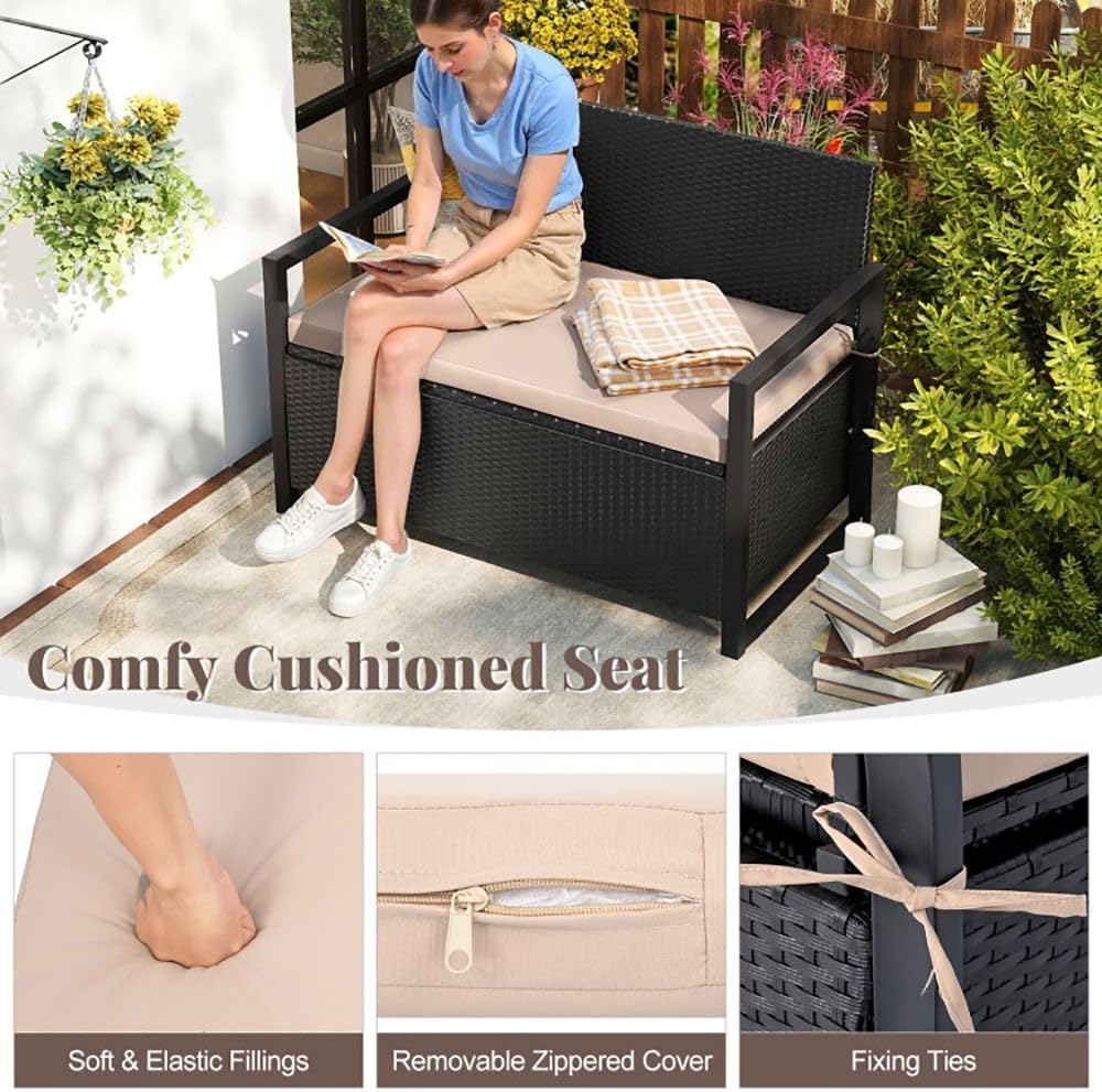 PE Rattan Outdoor Storage Loveseat Brown UV-Resistant Woven Rattan Pattern, 4...