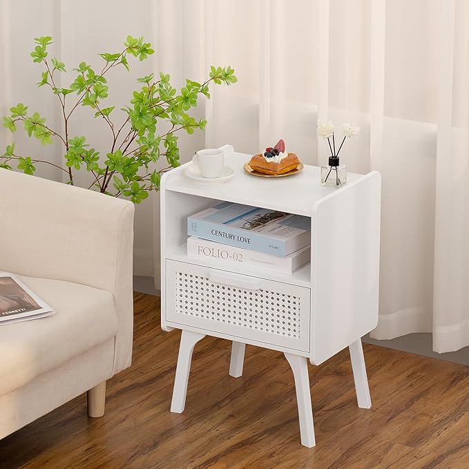 Lerliuo Rattan Nightstands Set of 2, Side Table with Drawer Open Shelf, Cane ...