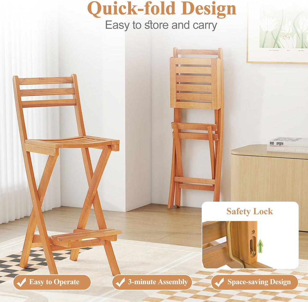 COSTWAY Outdoor Folding Bar Stool, Acacia Wood High Top Chairs with Slatted B...