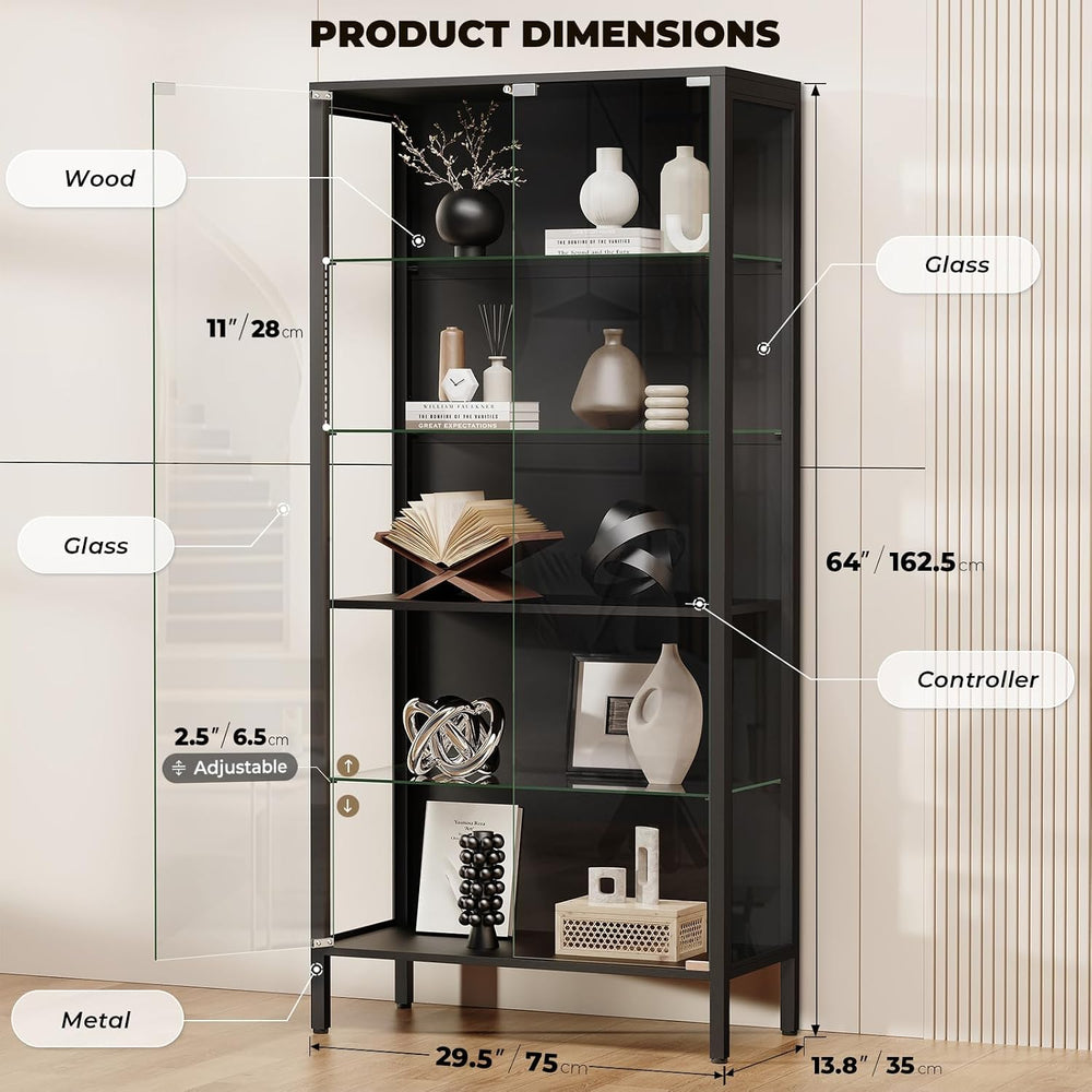 Glass Display Cabinet, 5-Tier Display Case with Adjustable Glass Shelves, Met...