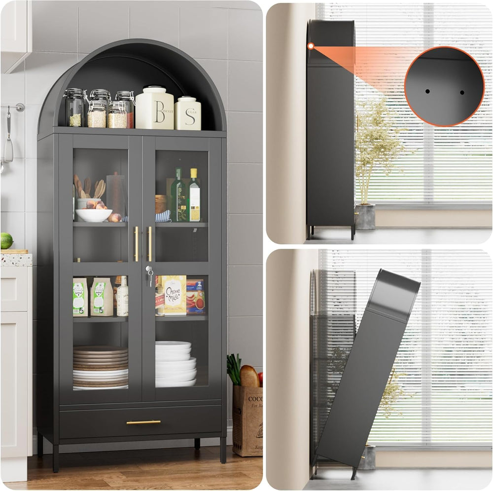 72.83" H Black Metal Arched Cabinet with 1 Drawer,Arched Cabinet with Gl...