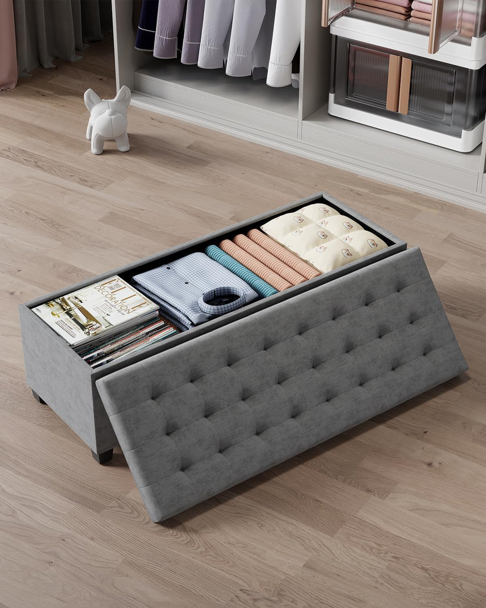 ABHENG Chenille Storage Ottoman Bench with Legs, 43.5”W x 15.7”D x 15.7”H,Met...
