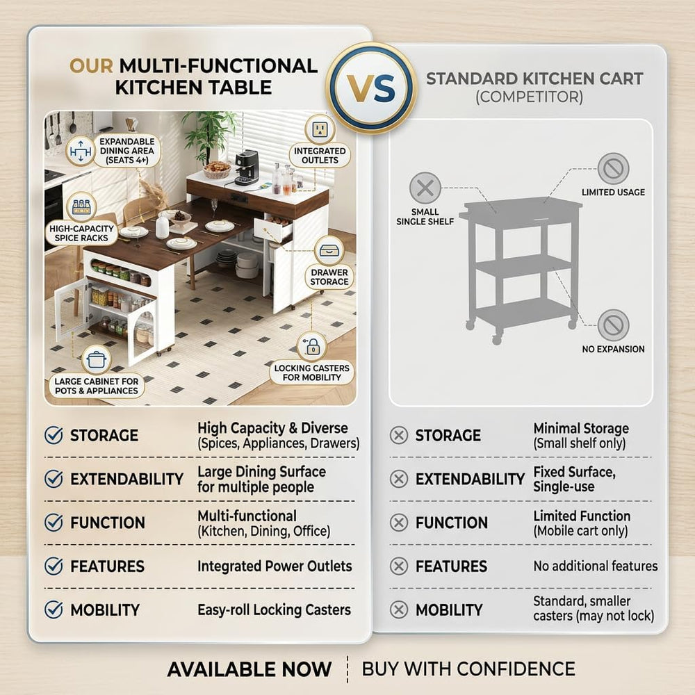Kitchen Island with Extendable Dining Table, Rolling Storage Cabinet with She...