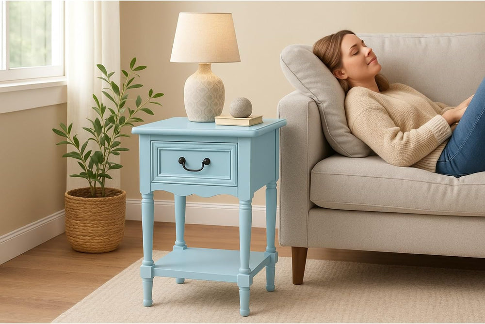 Urban Designs Wooden Accent Table/Nightstand with Drawer and Bottom Shelf – 2...