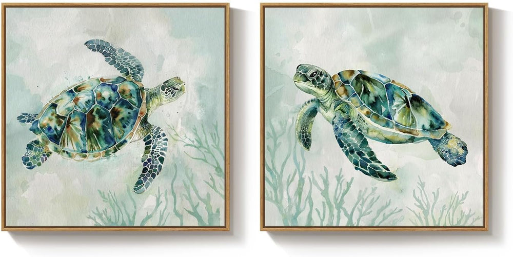 Large Framed Coastal Green Sea Turtle Wall Art for Living Room, 24x24 Inch