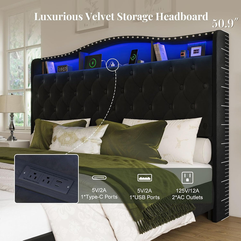 Belffin Platform Bed Frame with 50.9" LED Headboard, King Black