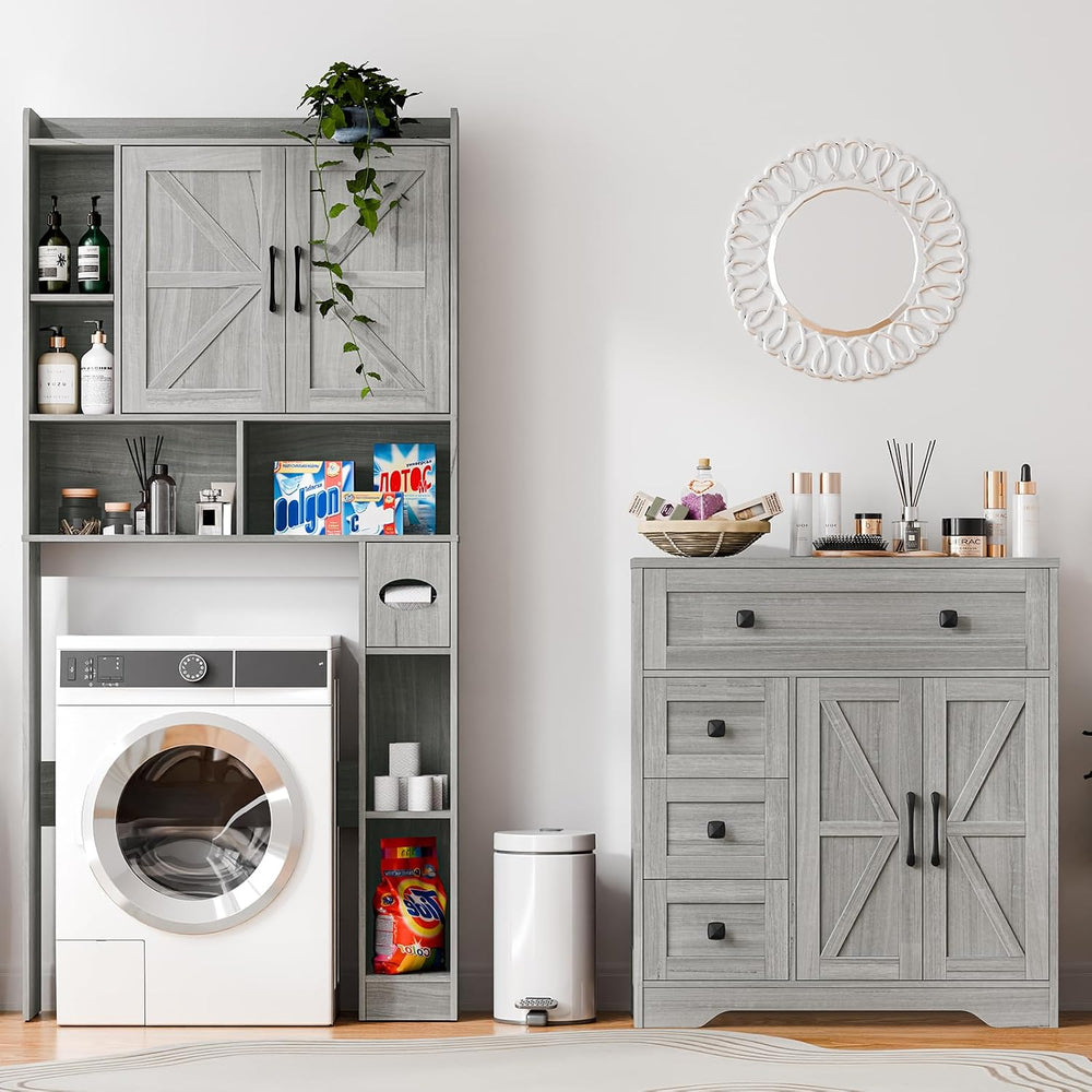 Vabches Farmhouse Storage Cabinet with 2 Doors and 4 Drawers, Wash Grey