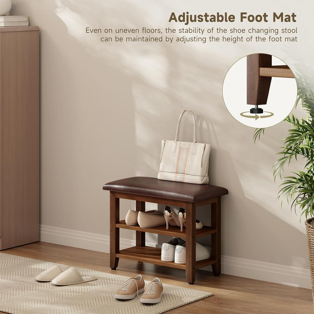 Shoe Bench with Leather Cushion,Wood Bench with Shoe Rack,2-Tier Shoe Storage...