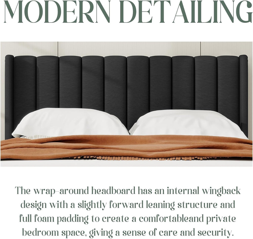 alazyhome King Bed Frame with Linen Upholstered Headboard, Black