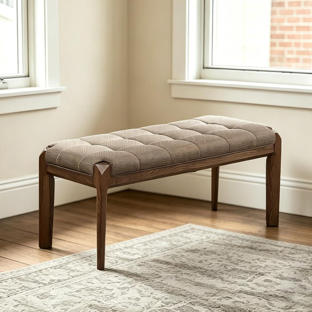 Lartis Solid Wood Dining Bench, Grid Quilted Button Tufted Cotton Linen Uphol...