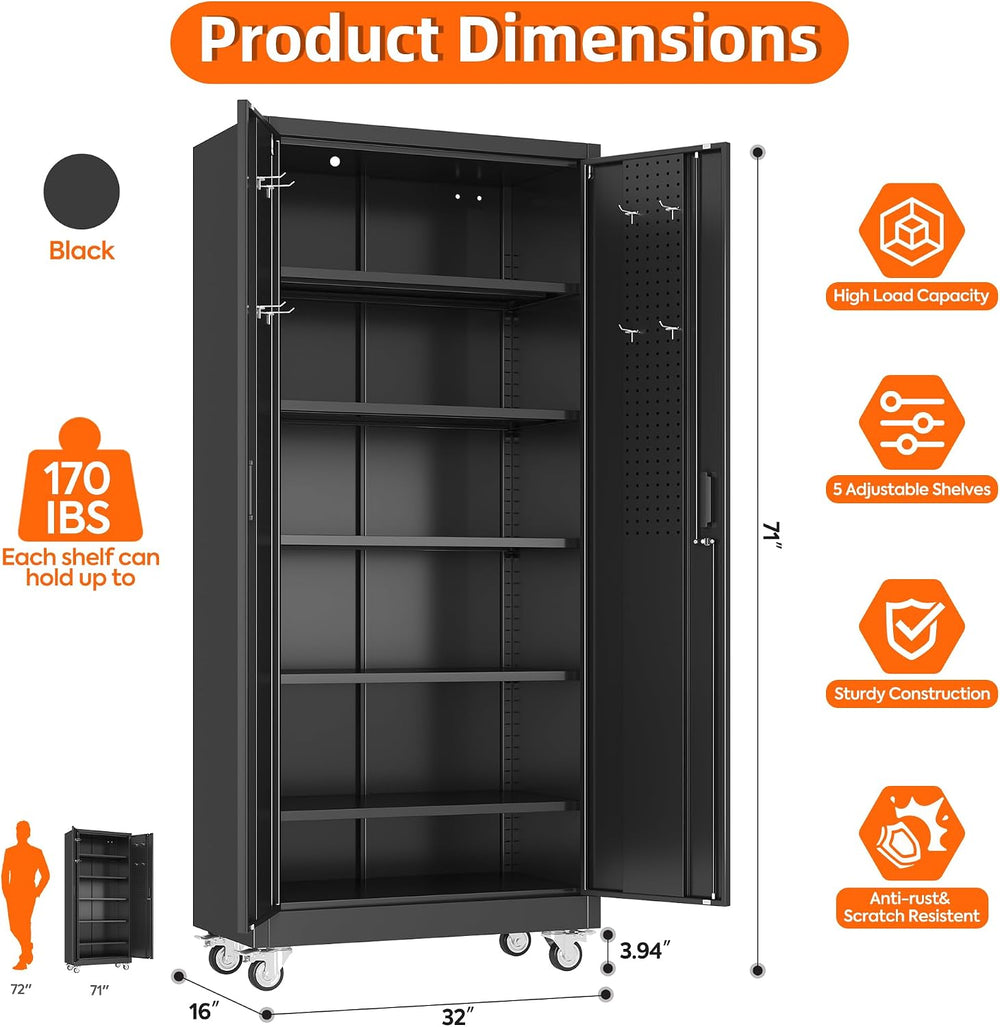 Aobabo Metal Storage Cabinet with Wheels and Door Pegboard | Garage and busin...