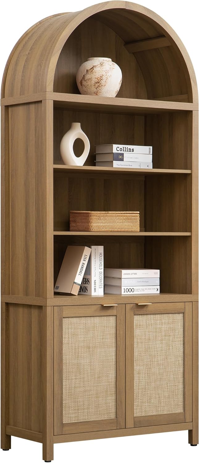 SICOTAS 84.2" Tall Arched Bookcase with Doors - 5 Tier Rattan Bookshelf