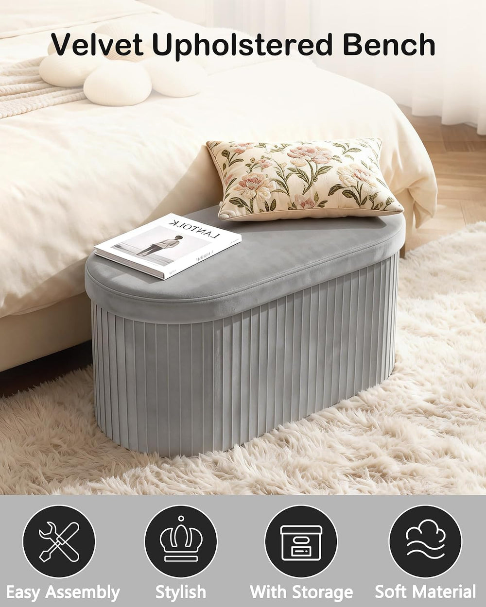 GLAXYFUR Folding Storage Ottoman, Velvet Upholstered Foot Rest, 30 Inches Ova...