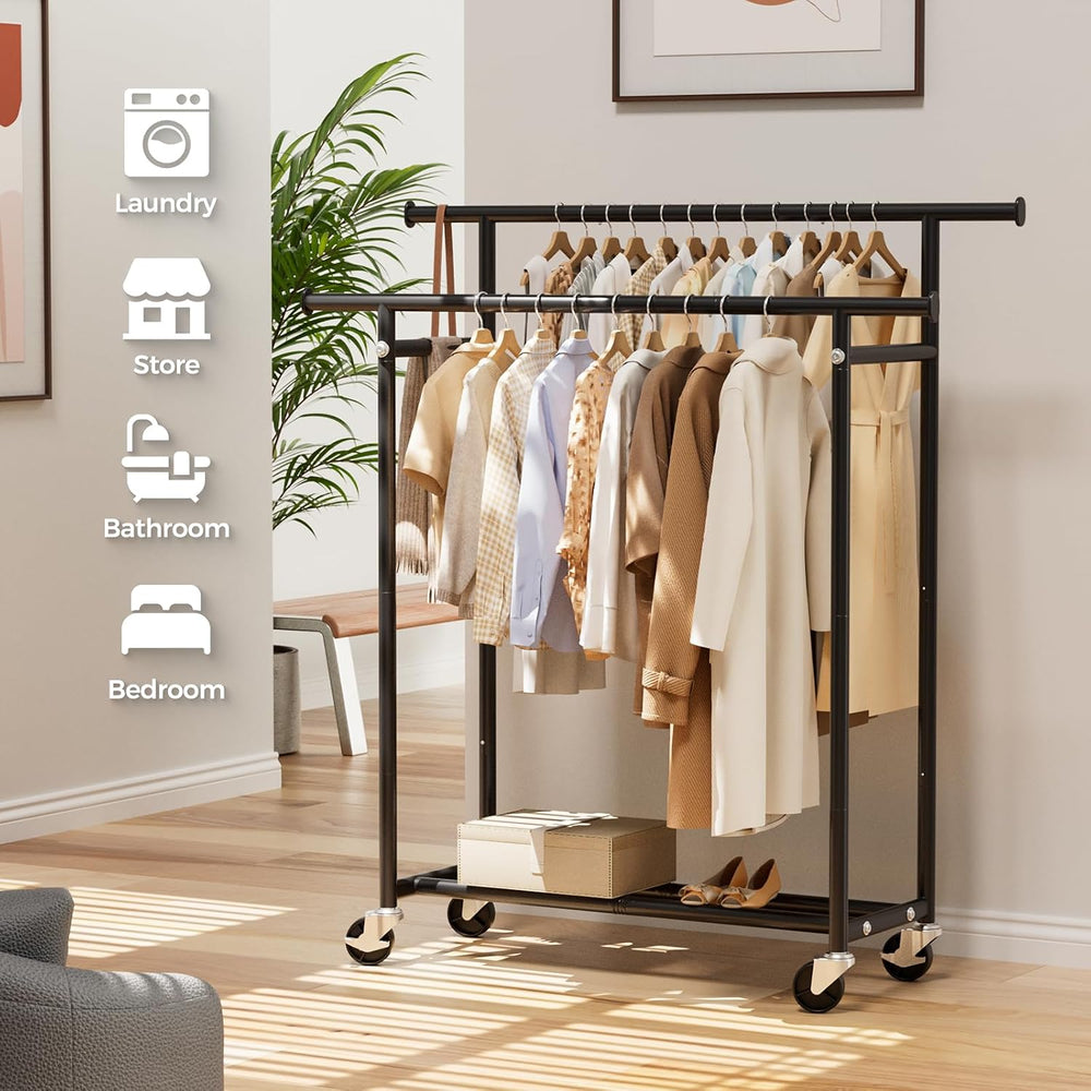HYSEYY Clothes Rack, Double Rods Rolling Clothing Rack for Hanging Clothes, P...