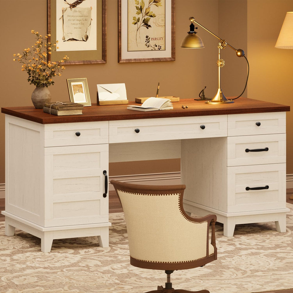GarveeHome Executive Desk with File Drawers, Farmhouse Home Office Desk with ...