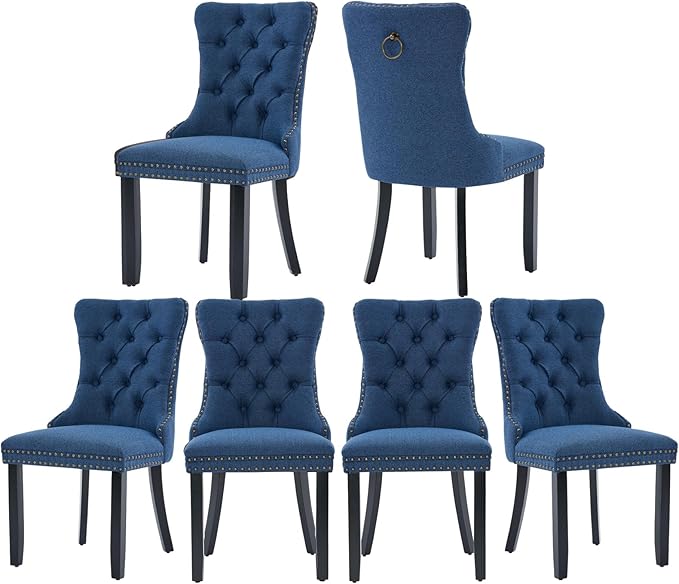 Blue Dining Chairs Set of 6, Upholstered Tufted Linen Fabric Dining Room Chai...