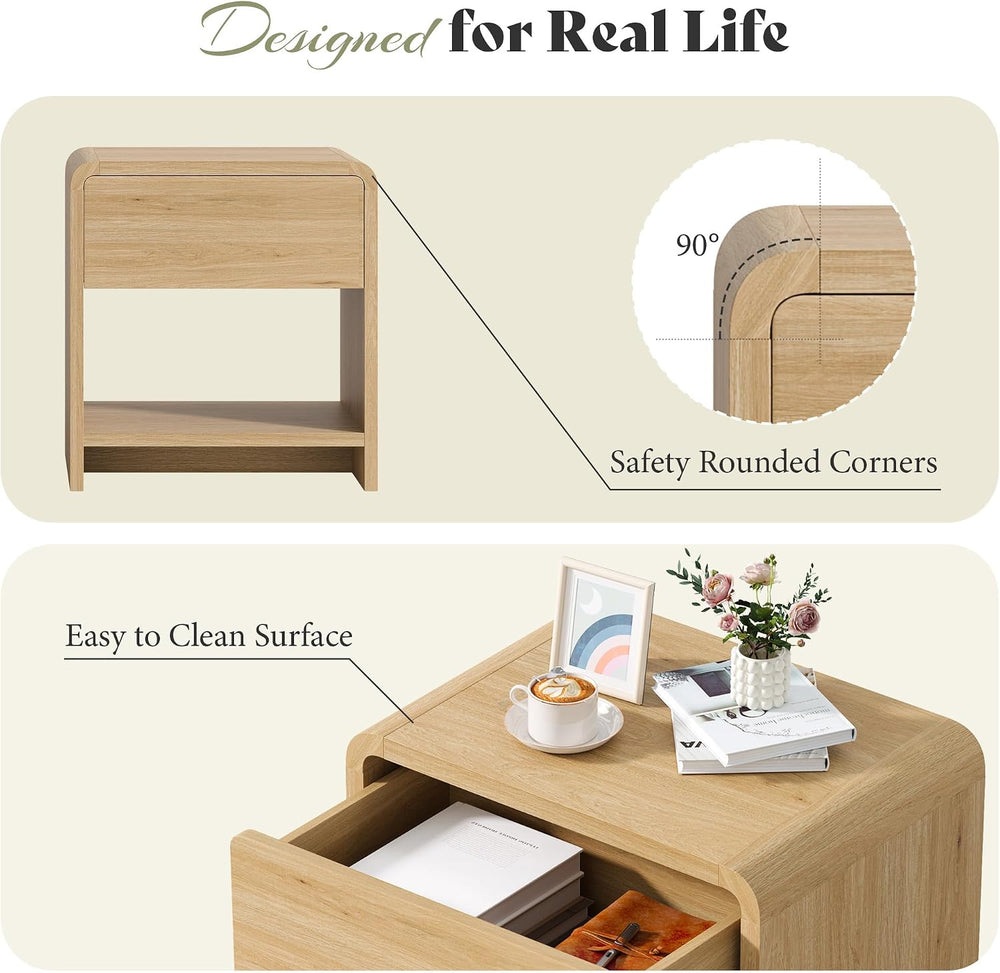 MERLIFE Modern Night Stand Set 2 with Storage Drawer & Open Shelves, Oak ...