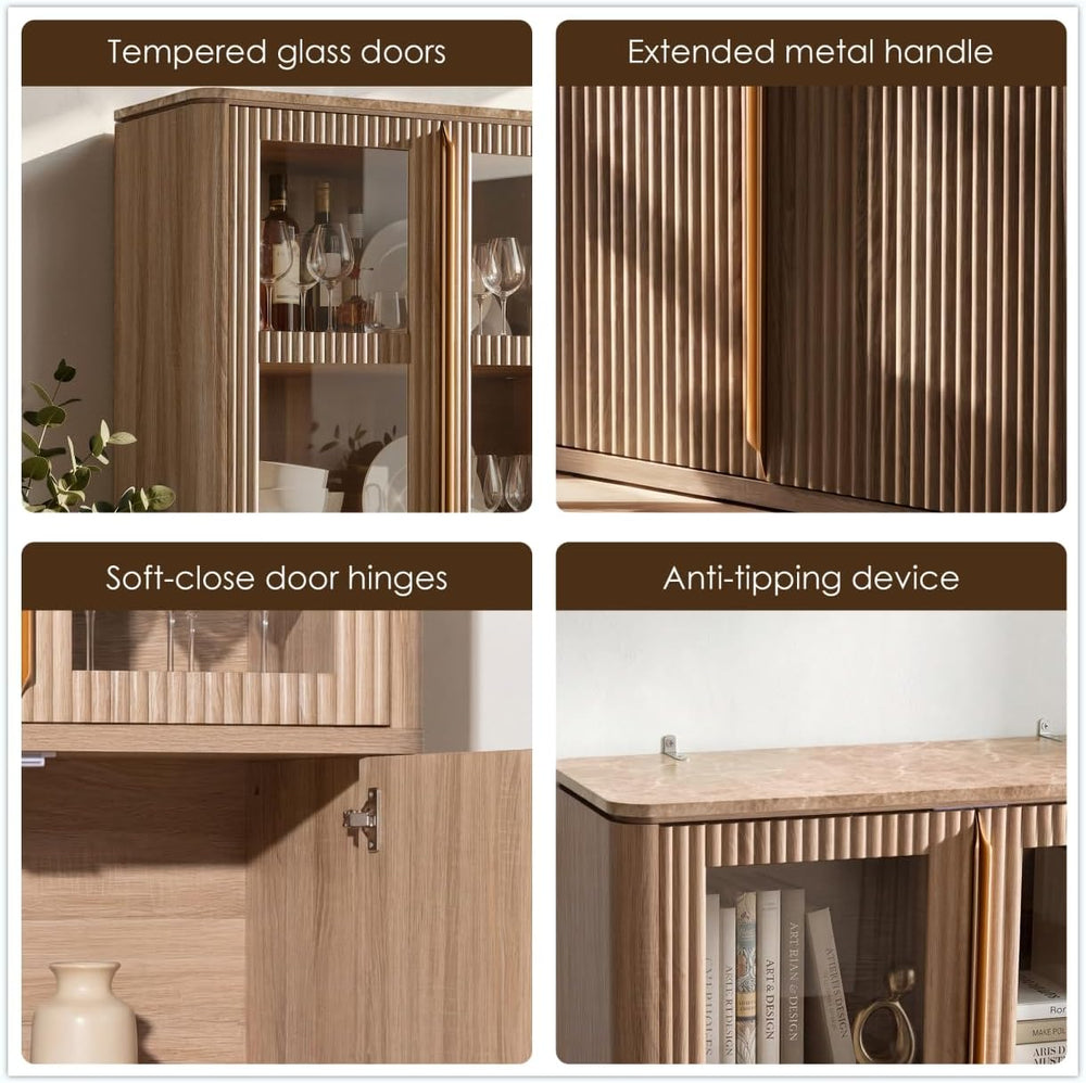 77" Tall Pantry Cabinets with Glass Doors, Fluted Storage Cabinet, Oak 1...