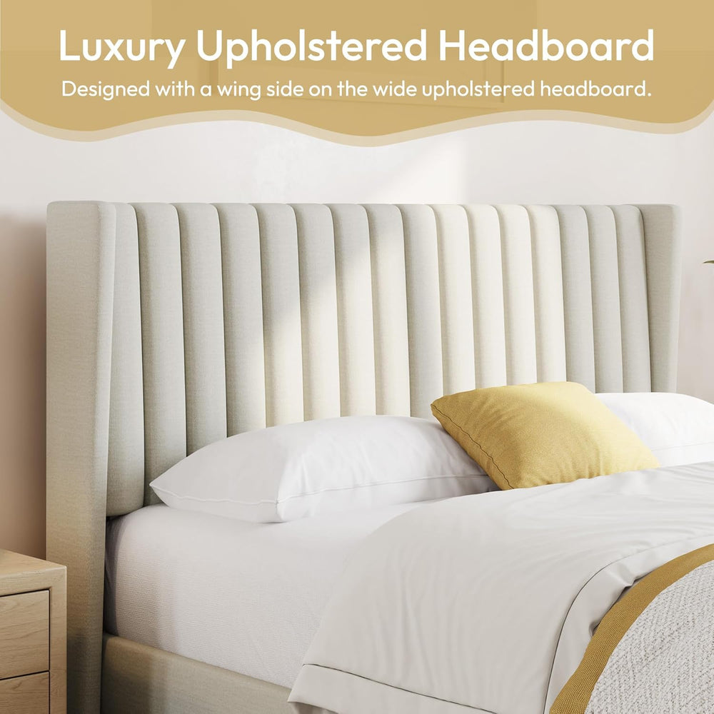 Yaheetech Queen Bed Frame with Headboard, Ivory Channel-Tufted Platform