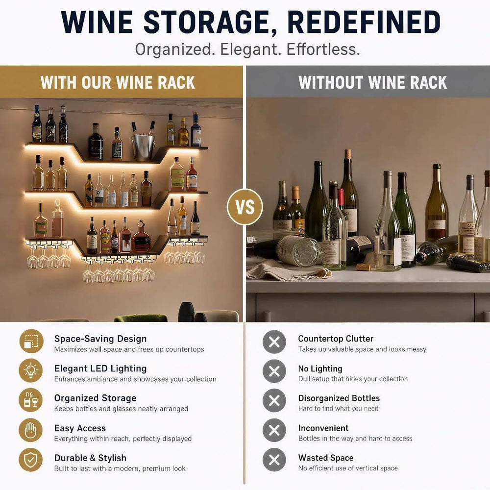 Wall Mounted Wine Rack with LED Lights | 3-Tier Floating Bar Shelves, Hanging...