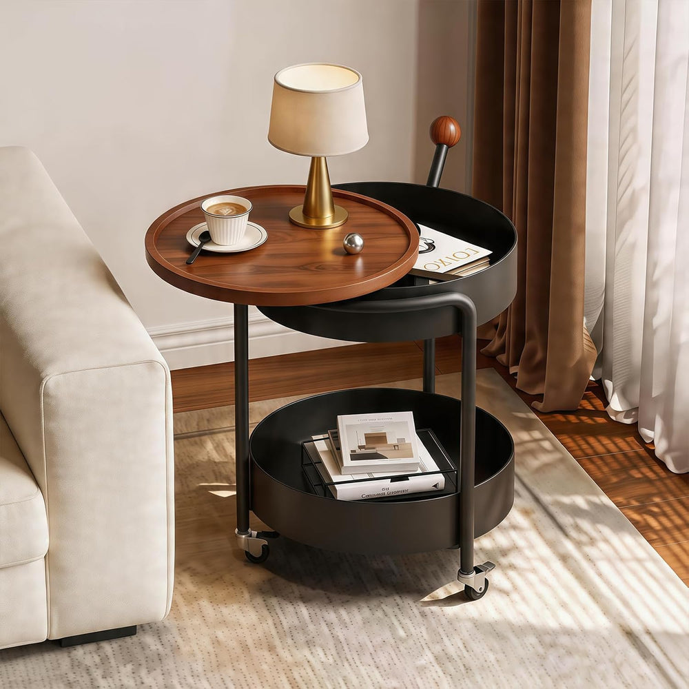 Mid-Century Modern Round Side Table, 2-Tier Mobile Sofa End Table with Rotata...