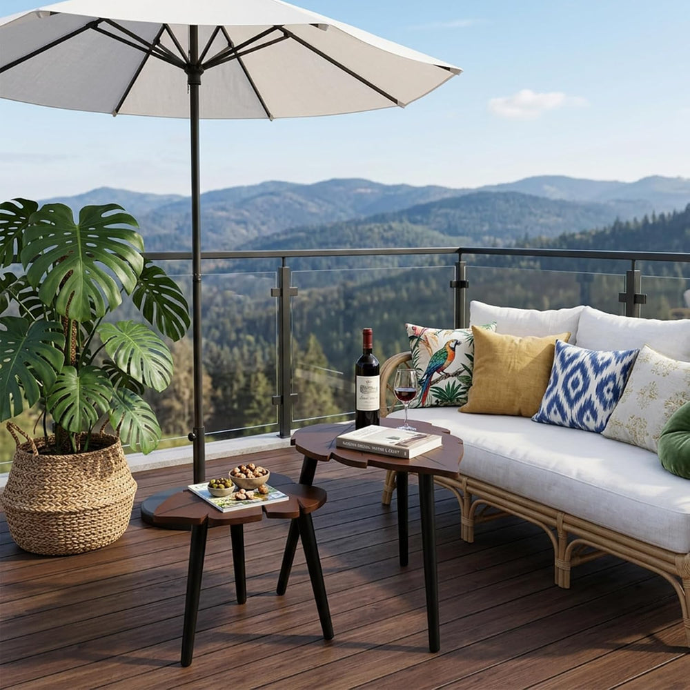 Nesting Coffee Table Set of 2, Monstera Leaf Wooden Side Table | Stacking Min...